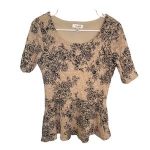 Dress Barn Lace Blouse Beige Black Peplum